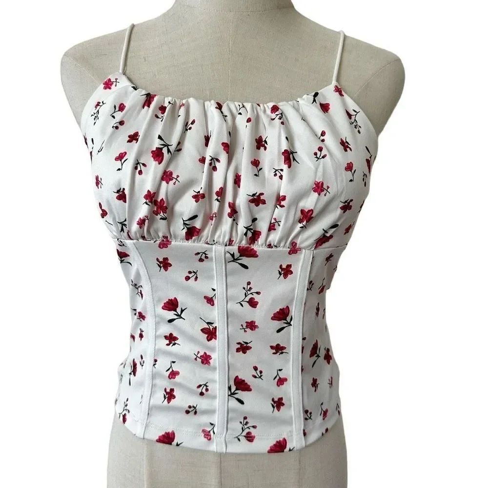Shein white red flower crop top